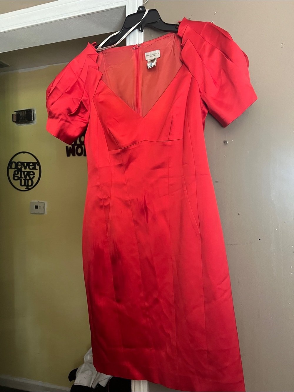 Karen Millen Red Satin V-Neck Midi Dress with Puff Sleeves